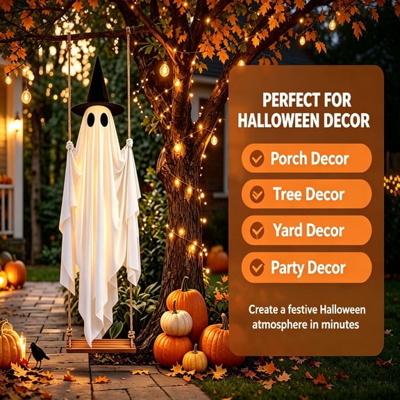 LOWLHOME 4.3 FT Hanging Ghost Decor,Early Halloween Decorations Light-Up Flying Ghost on Broomstick with Witch Hat, Witch Broom, Spooky Cute Outdoor Halloween Decorations for Front Porch Yard Tree