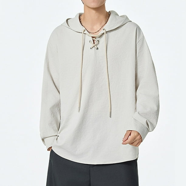 pstuiky Camisas de invierno de manga larga para hombre, Blusa/camiseta informal de manga larga con capucha y cordón de color liso para hombre camisetas de hombre xl