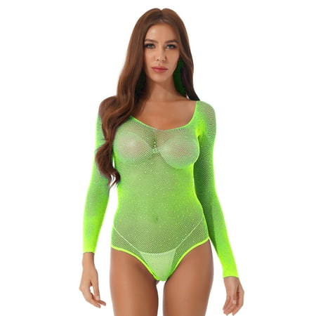Sxiwei Women s See Through Fishnet Long Sleeved Bodysuit Hollow Out Teddy Lingerie Mesh Romper Green OneSize
