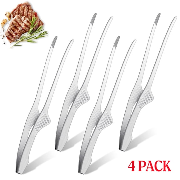 4 Pack Korean and Japanese BBQ Tongs Non Slip Cooking Utensils Stainless Steel Tongs for Serving Food, Salad, Camping, Barbecue, Buffet, Oven with Support Stand