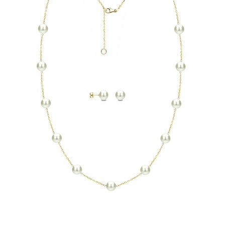 ADDURN ADDURN 7mm x 8mm White Cultured Freshwater Pearl 14kt Yellow Gold over Silver Station Necklace and Matching Earring Set, 18