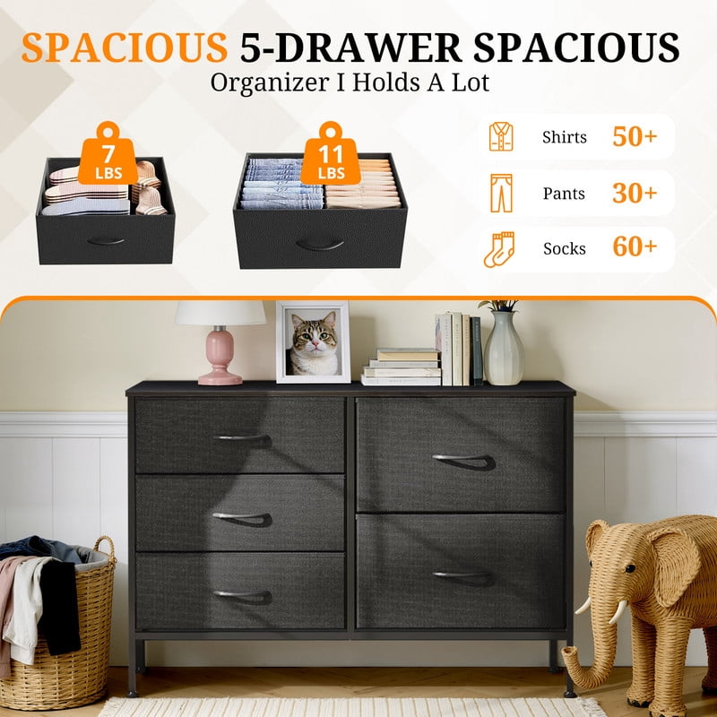 Simenmax 5-Drawer Fabric TV Stand, 39.4-Inch Entertainment Center with Wood Top & Sturdy Metal Frame, Storage Dresser for Bedroom, Living Room, Hallway, Black