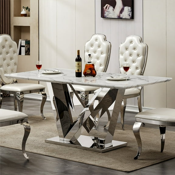 Marble Dining Table For 6 People, 70 Inch Rectangle Faux Marble Top With Mirrored Stainless Steel Base, Modern Large Kitchen Dining Table In Silver And White