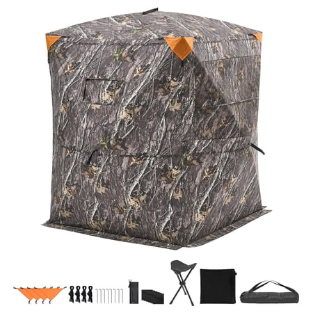 KFFKFF Portable Hunting Blind for 2-3 People Thermal Ground Shelter with Tri-Leg Chair and Carry Bag Camouflage Tent Featuring Silent Zipper Door and Windows Ideal for Turkey and Deer Hunting