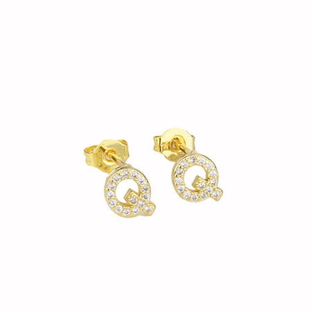 Bonjour Jewelers 14k Yellow Gold Created White Sapphire Initial Q Letter Stud Earrings Plated