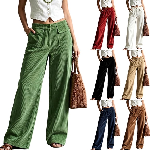 Women Corduroy Wide Leg Trousers Sevevn Button Fly Mid Rise Loose Fit Pants With Flap Front Pockets, Diverse Solid Color Selections For Dating Shopping And Semi‑Casual Daily Dressing
