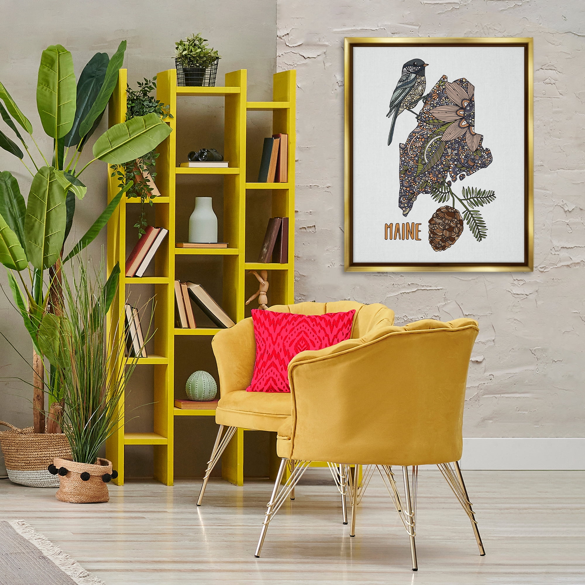 Stupell Industries Floral Maine State Botanical & Floral Painting Gold Floater Framed Art Print Wall Art, 25 x 31