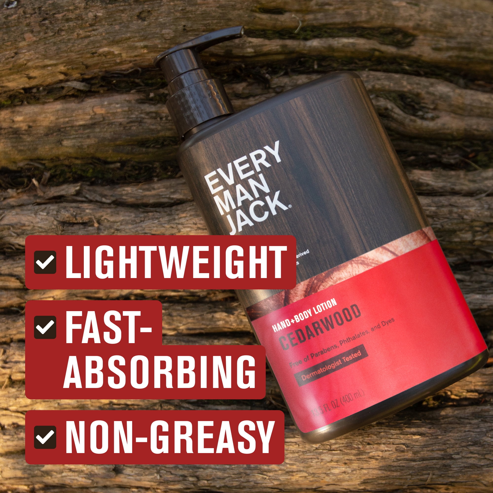 Every Man Jack Mens Cedarwood Hand & Body Lotion for All Skin Types - Dermatologist Tested & Hypoallergenic - Nourish Skin with Lightweight Fast Absorbing Natural Lotion - 13.5oz