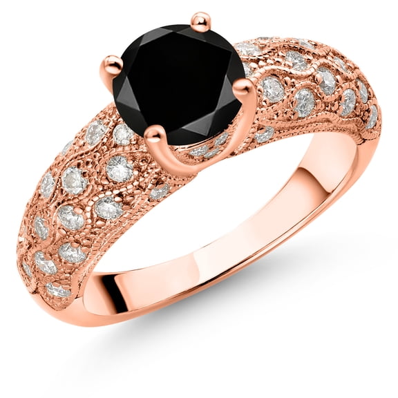 Gem Stone King 18K Rose Gold Plated Silver Black Diamond and White Moissanite Engagement Ring for Women (2.14 Cttw, Round 7MM, Gemstone April Birthstone, Size 6)