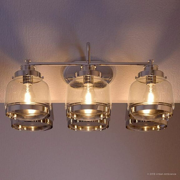 Urban Ambiance Luxury Vintage Electric Bath Fixture, Size: 11-1/4"H x 26"W, with Urban Industrial Style Elements, Polished Nickel Finish and Clear Shade, UHP2538