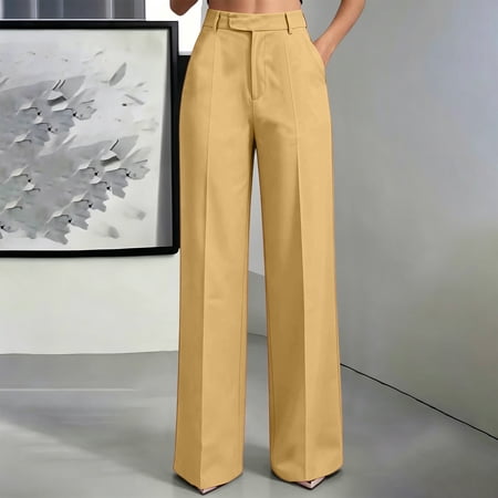 Women's High Waisted Wide Leg Trousers, Solid Color Straight Suit Pants With Pockets, Professional Office Wear For Career Women Yellow S