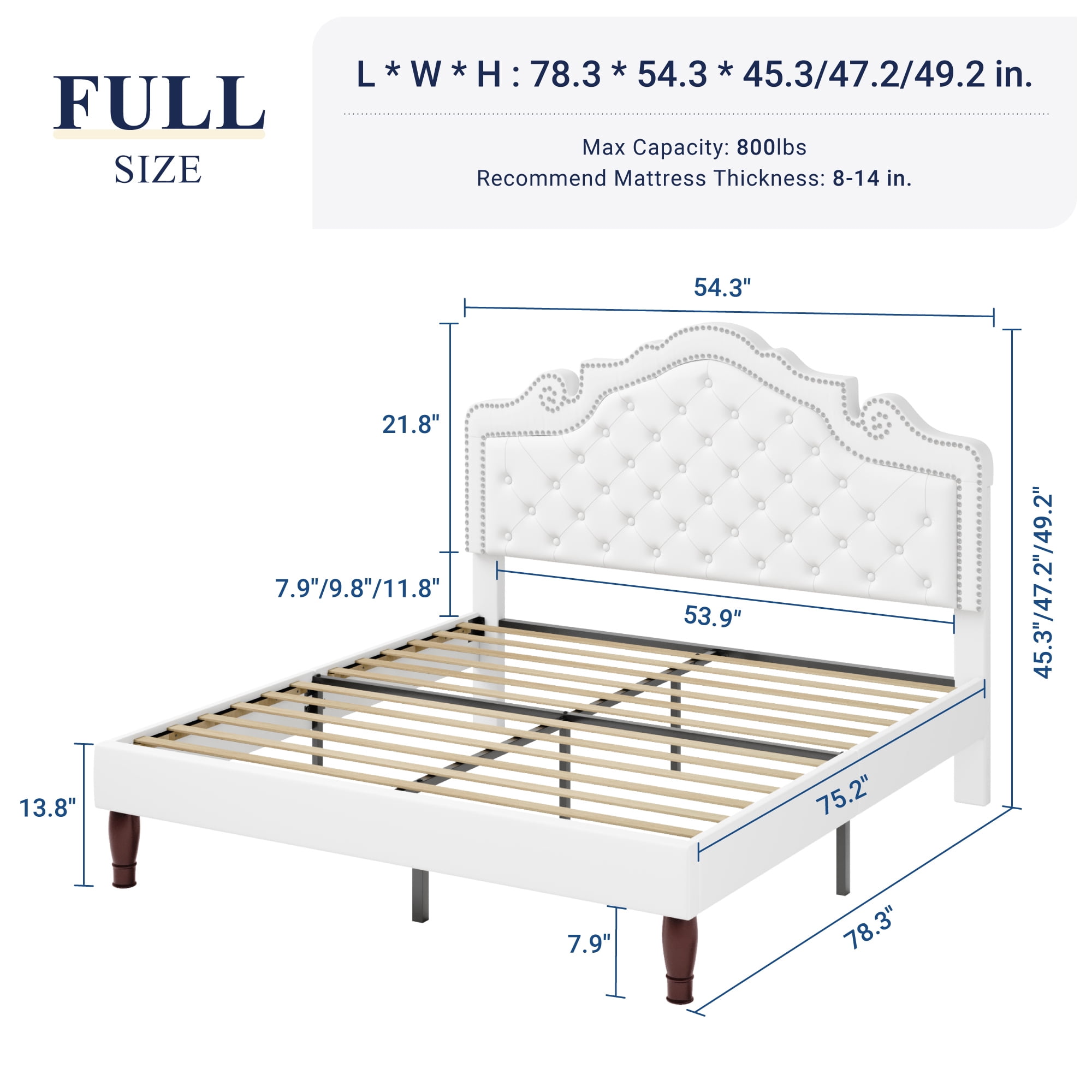 Allewie Full Bed Frame, Velvet Tiara Upholstered Diamond Button Tufted Headboard, No Box Spring Needed, White