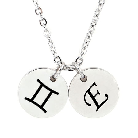 Personalized Round Constellation Initial Necklace - Engraved Zodiac Symbol Jewelry - Christmas Gift for Her - Stainless Steel - 18 Chain - Silver Gemini