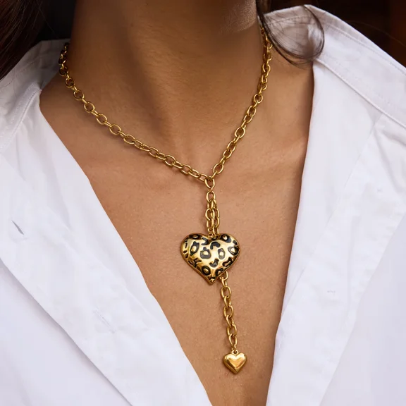 Vintage 14K White Gold Heart-Shaped Oil Drop Leopard Print Pendant Y-shaped Chain Tassel Necklace