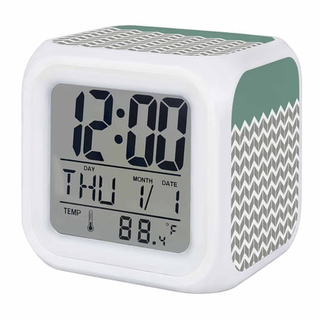 Alarm Clocks Vintage Herringbone Pattern Digital Clock 7 Color LED Night Light Silent Non-Ticking Battery Operated Turquoise Grey Cube Clocks Decorative for Bedroom Bedside Living Room Office School
