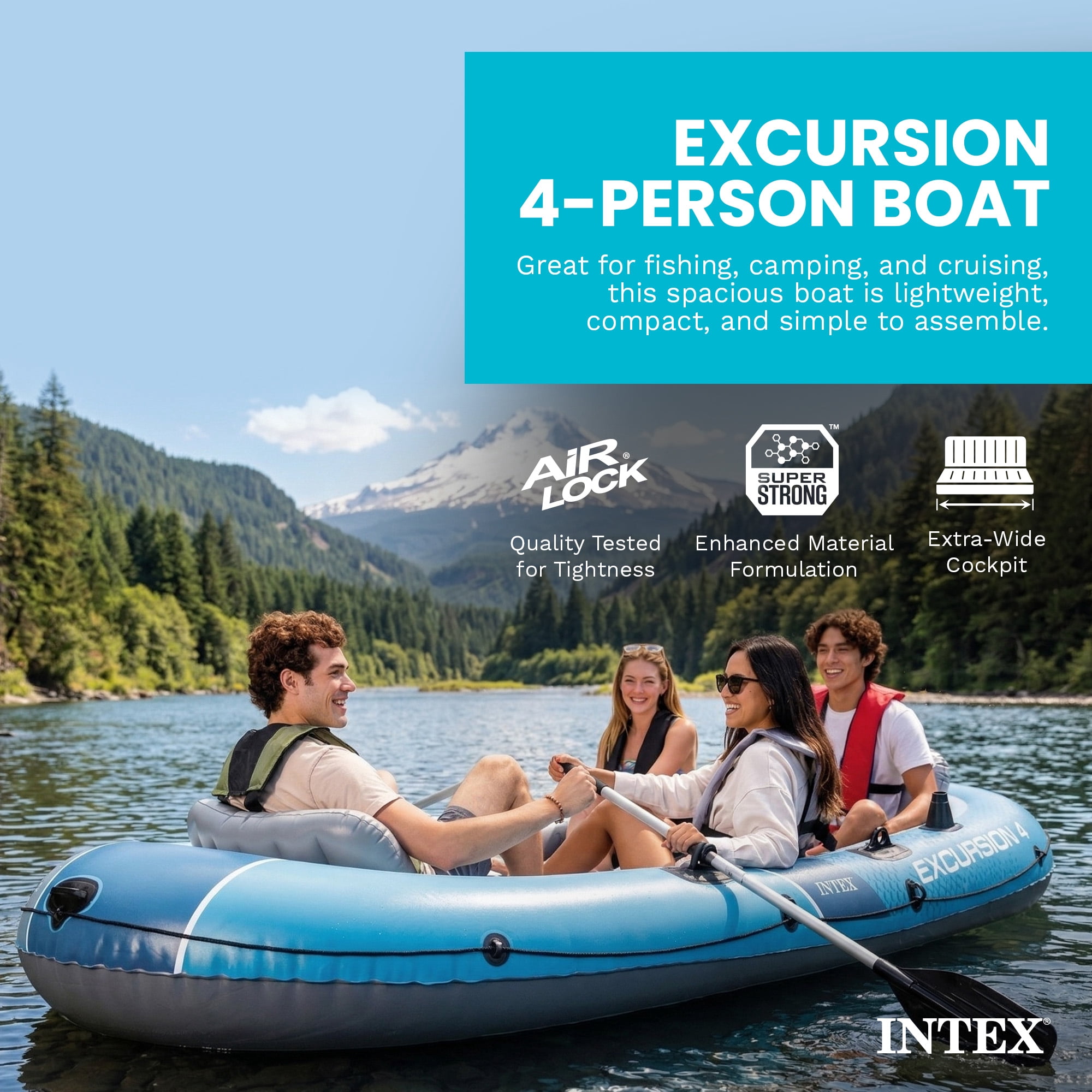 INTEX 66324EP Excursion 4 Inflatable Boat Set w/Oars, Pump, Adjustable Seats & Rod Holders