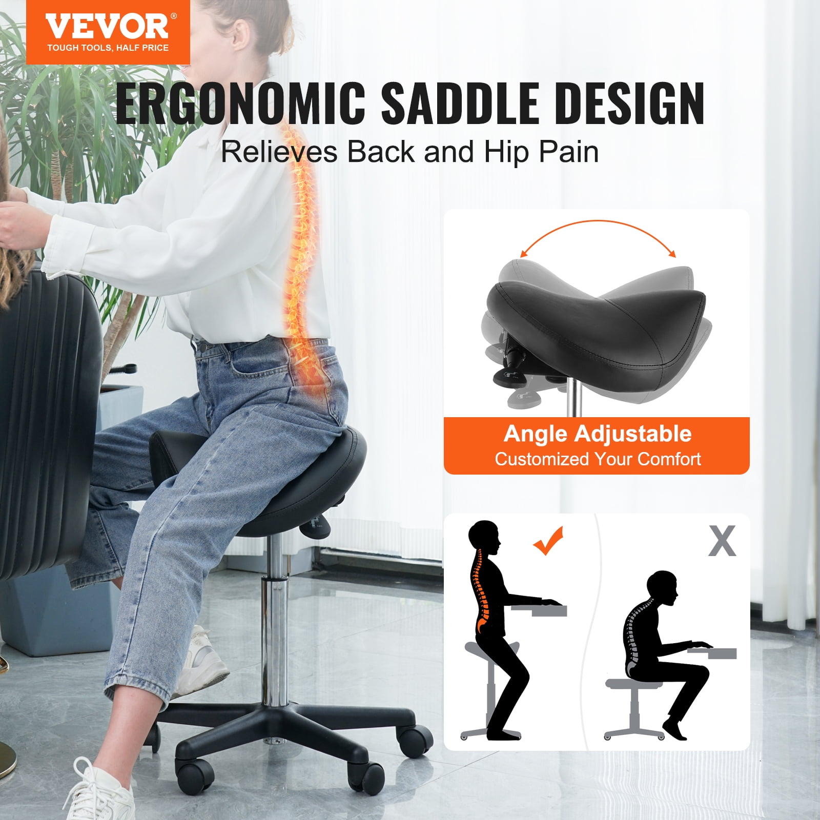 BENTISM Ergonomic Saddle Stool with Wheels Adjustable PU Leather 400 LBS Capacity Black Walmart Business Supplies