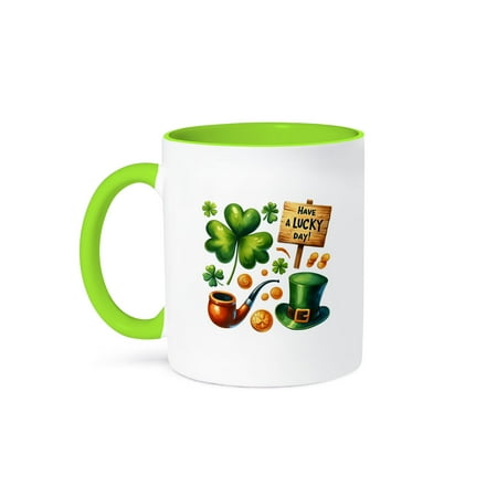 

3dRose Have a lucky day. A shamrock a pipe coins and green hat art gift 15oz Two-Tone Green Mug