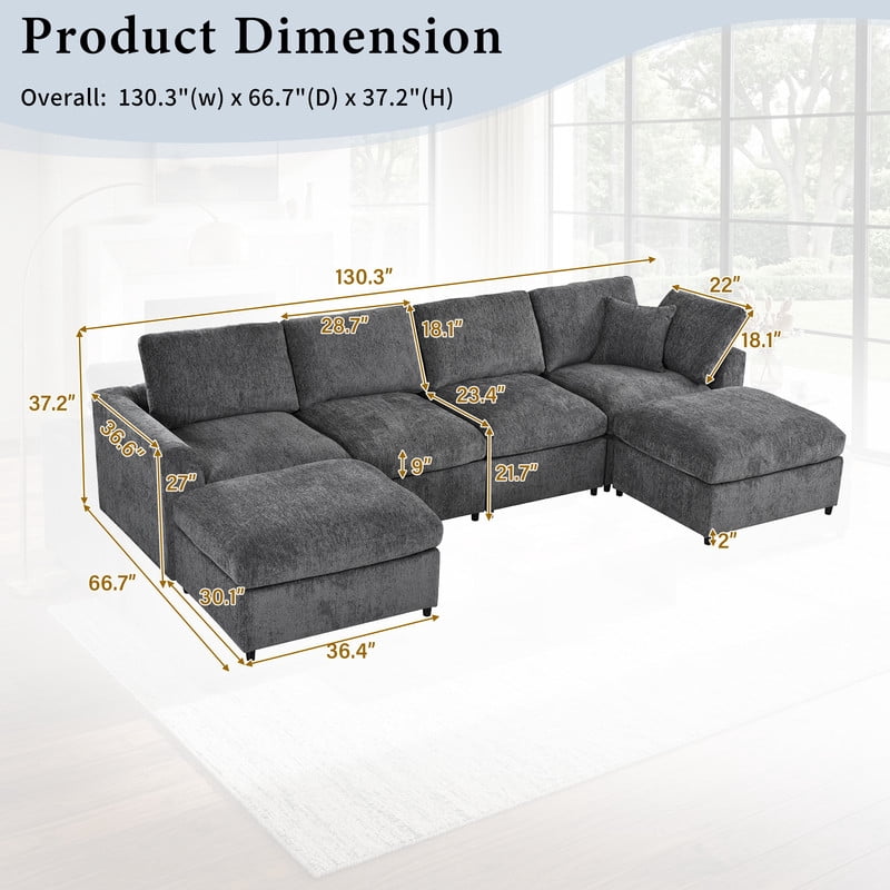 6-Seater Oversized Sectional Sofa, Upholstered Indoor Couch with Solid Wood Frame, Modular Sofa Set with 2 Movable Ottomans