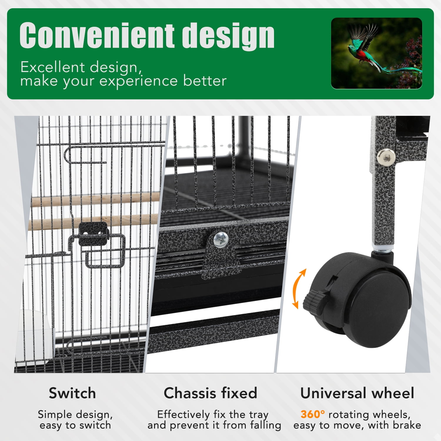 YRLLENSDAN 35in Bird Cage, Parrot Cage Wide Bird Cage with Play Open Top & Rolling Stand Parakeet Cage for Birds Parrots Parakeets
