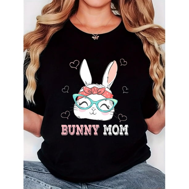 Playera Deportiva Manga Corta Mujer Dry-FitWomen'S T-Shirt, Directional Easter "BUNNY with Red Hair And Blue Glasses" Print, Retro Minimalist Fashion, Round Neck, Casual Comfort, Sports Short Sleeve