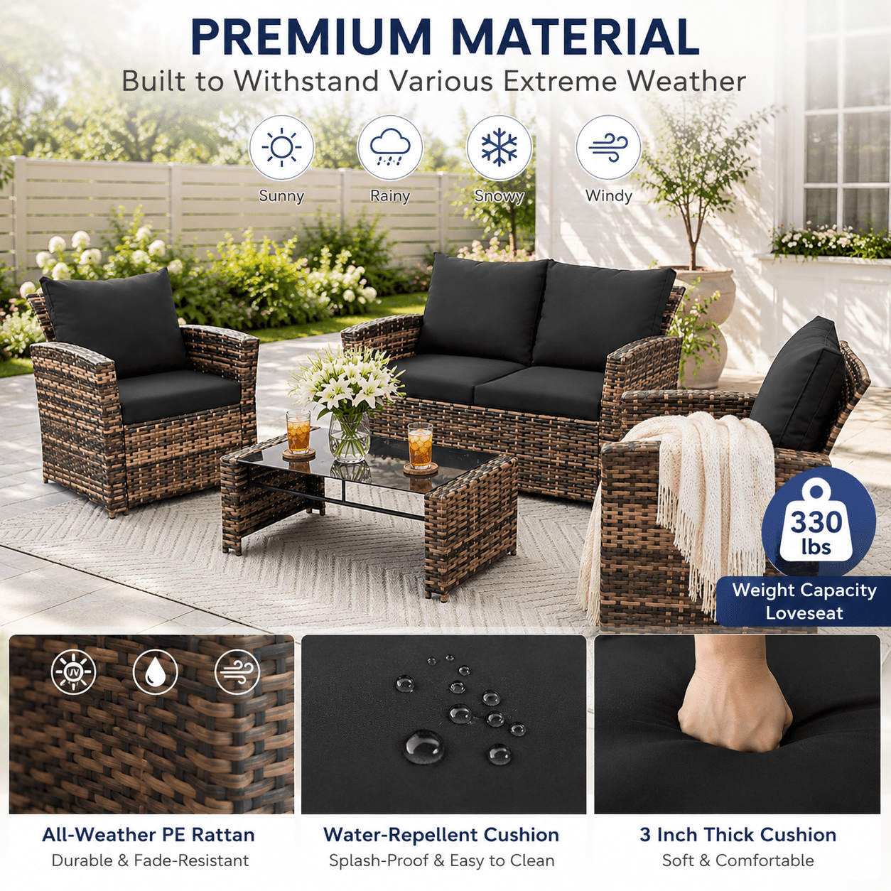 YIORTWO 4-Piece Outdoor Patio Furniture Set, Wicker Sofa Set with Thick Sandwich Cushions, All-Weather Rattan Deep Seating Set with Tempered Glass Table, Black