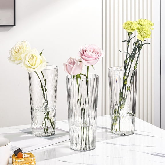 Transparent Plastic Flower Vase Bucket 10 Inch, Geometric Cutout Modern Planter for Living Room, Balcony, Office Home Decor