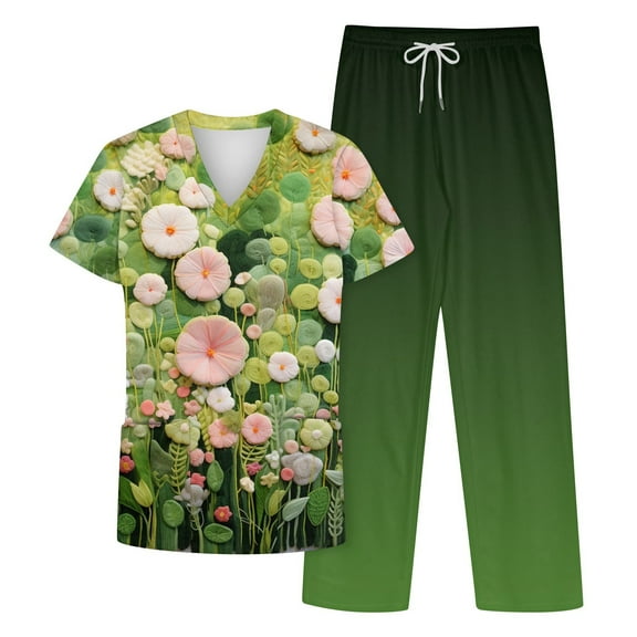 NAMTYQX Scrubs for Women Set Scrub Top & Jogger Pant 4-Way Stretch Casual Short Sleeve Floral V Neck Green Size L