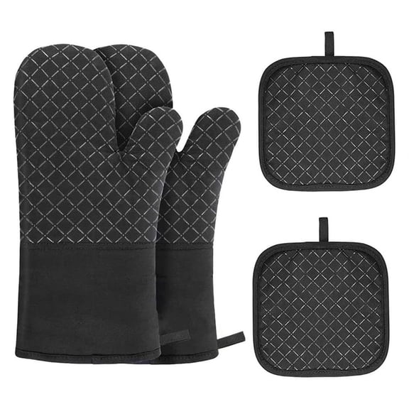 Silicone Grip Oven Gloves And Pot Holders, Heat-Resistant Kitchen Mitts for Baking And Grilling, Long And Flexible Design for Safe Handling of Hot Pots And Pans, 1 Kitchen Insulation Four-Piece Set