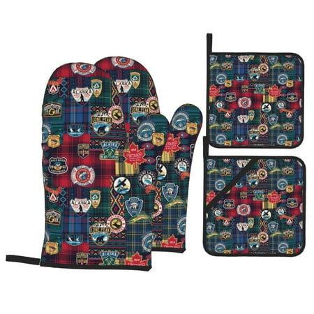 

Oven Mitts and Pot Holders 4 Piece Adventure Camping Badge High Heat Slip Resistant Oven Mitt and Trivets Set Kitchen Oven Glove Pot Holders for Cooking Baking Grilling
