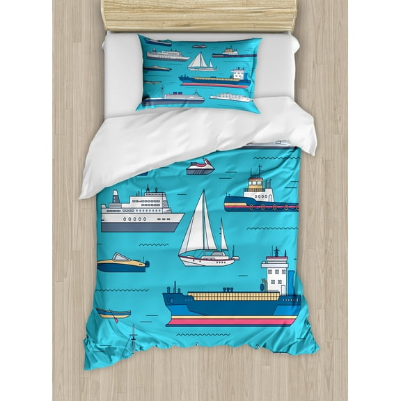 Blue Nautical Duvet Cover Set, Digitally Generated Layout of Ships Yachts Steamship Ferry Fishing Boat, Decorative 2 Piece Bedding Set with 1 Pillow Shams, Twin Size, Blue Multicolor, by Ambesonne