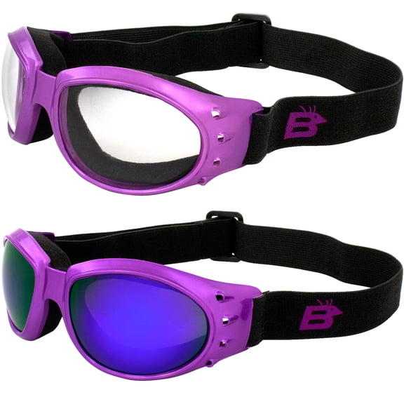 2 Pairs of Birdz Eyewear Eagle Women's  Purple Airy Foam Padded Motorcycle Goggles Clear & ReflecTech Purple Mirror Lenses