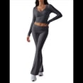 thumbnail image 2 of Conjunto Deportivo de 2 Piezas para Mujer, Camiseta de Larga, Pantalones Acampanados con Solapa, Chándal Informal, Gris Oscuro, Talla S, 2 of 8