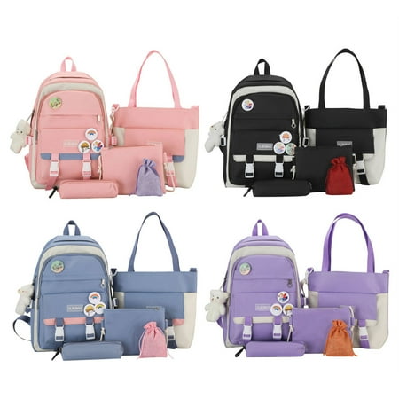 

5pcs Cute Backpack for School with Kawaii Bear Pendant Female College Student Schoolbag for Men Women Teens And Girls Blue