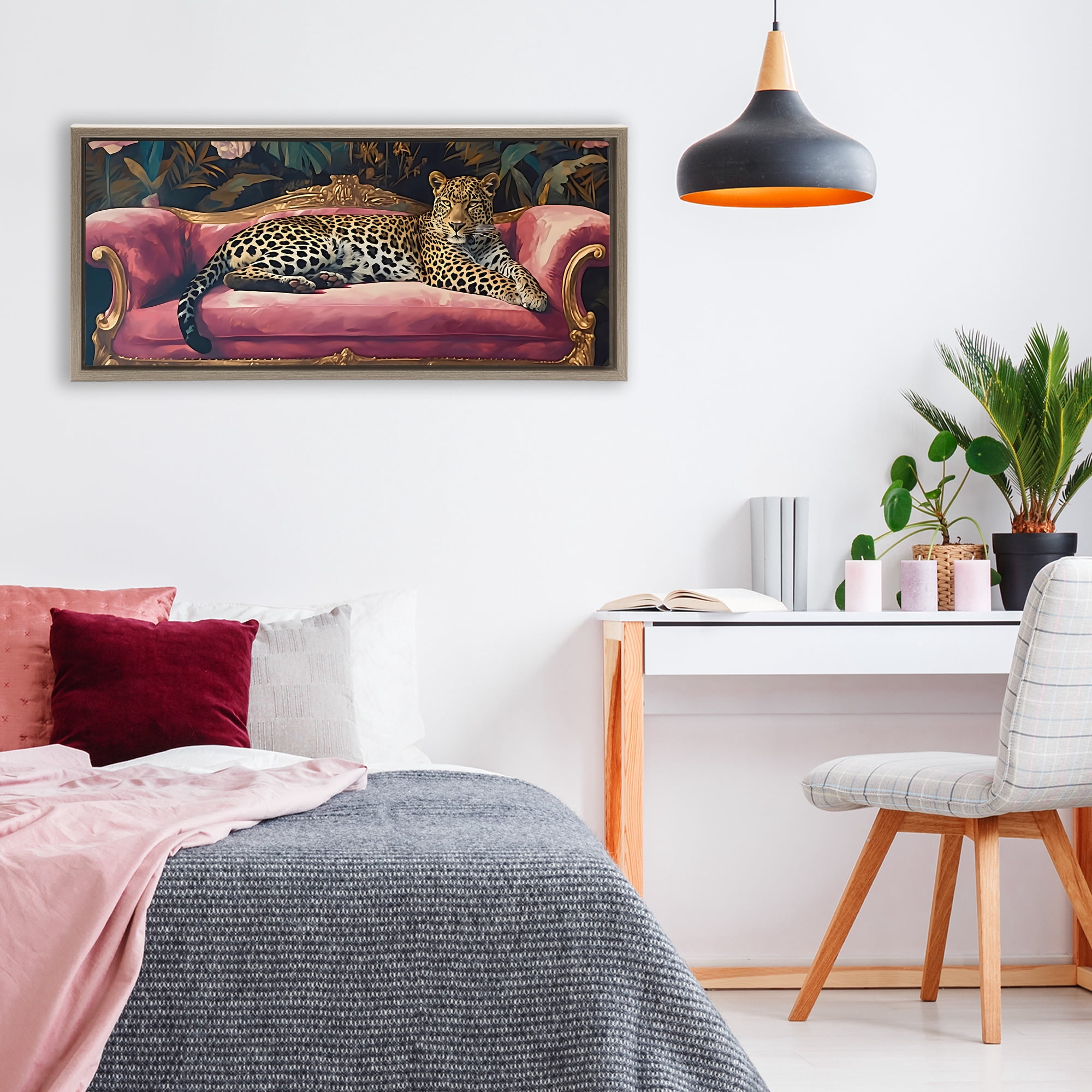 Stupell Industries Regal Relaxation Leopard on Pink Brown Framed Floater Canvas Wall Art, design by Creative Studio
