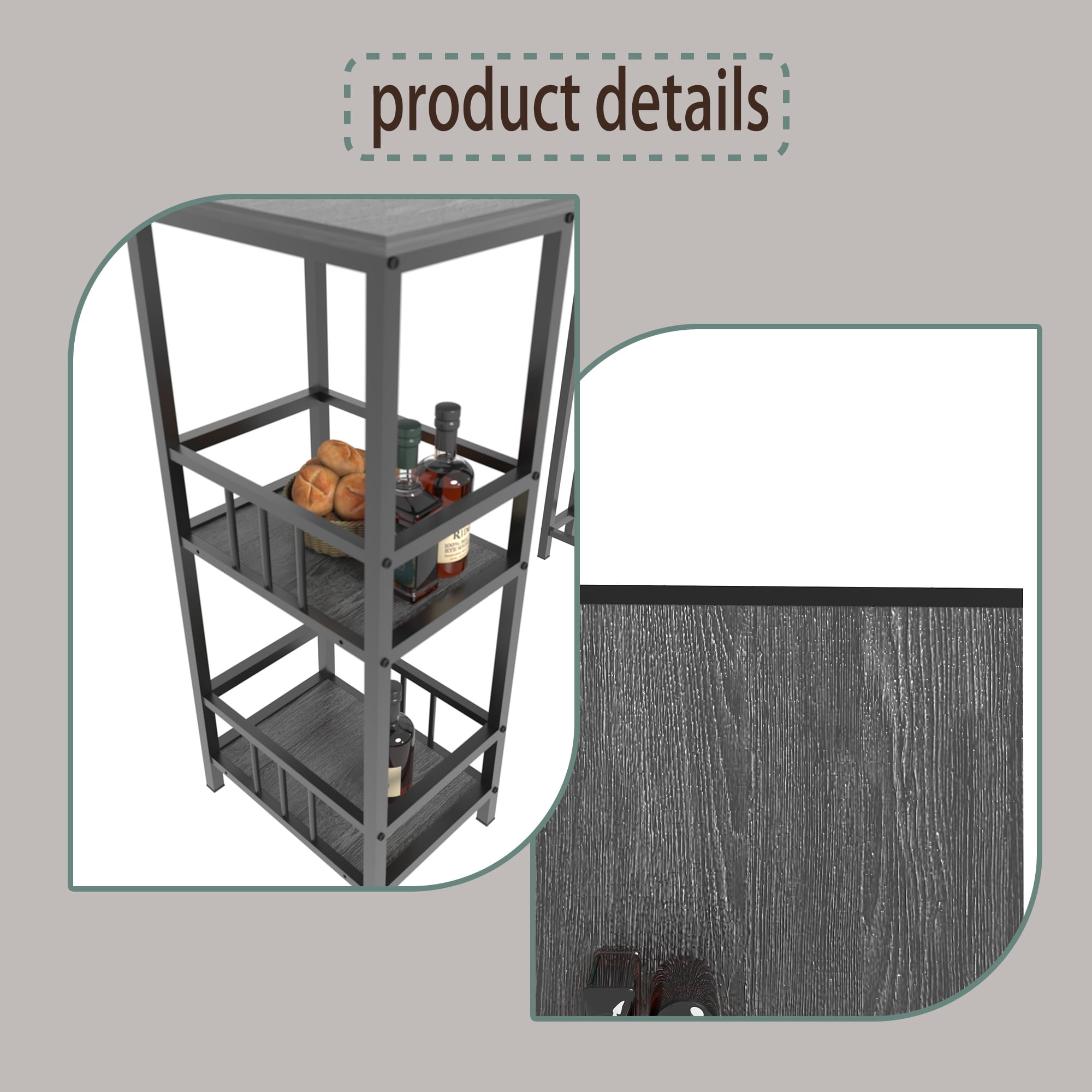 3 Piece Counter Height Bar Table Set with 2 Backless Bar Stools, Rectangular Pub High Table with 3-Tier Side Storage Shelves, Industrial Wood Grain Bar Furniture for Balcony Kitchen Small Home Bar