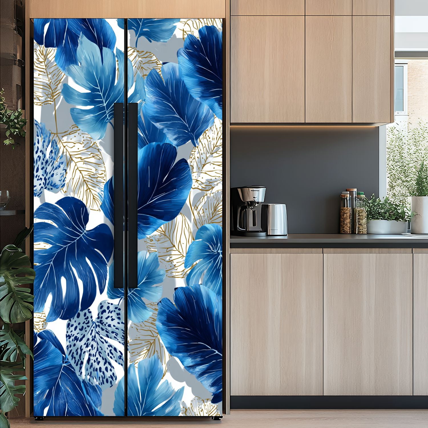 Self Adhesive Vinyl Refrigerator Wrap Set white tropical leaves gold elements blue leopard Door Mural Removable Fridge Sticker Peel and Stick&nbsp;Full Door Cover Decal Kitchen Bar Decor