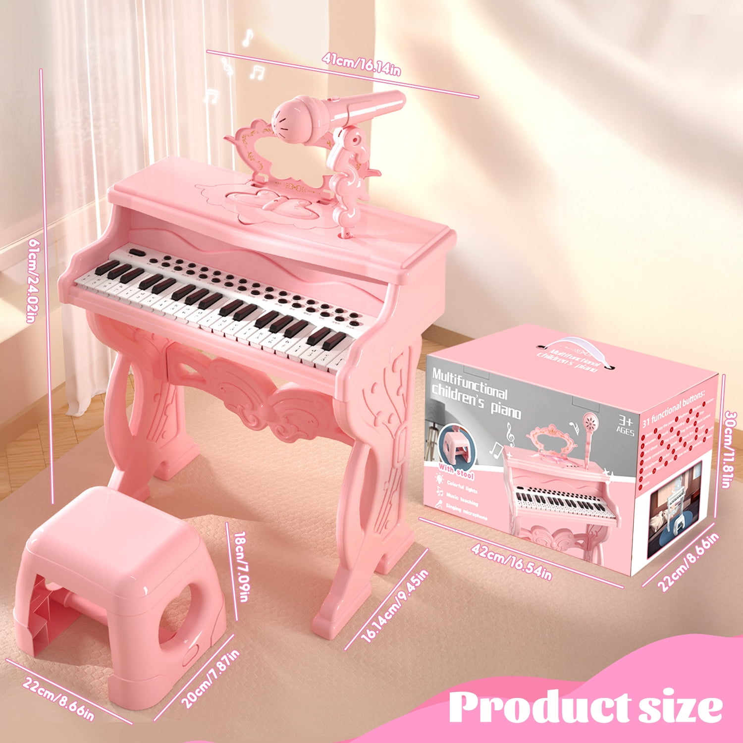 Beefunni Kids Electronic Musical Instrument Piano Learning Toy Keyboard w/Multiple Sounds, Lights, Microphone, Stool, Birthday Gift for Girls 3 4 5 6 Years Old-Pink