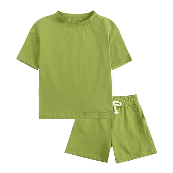 Lilgiuy Toddler Baby Boys Girls Summer Outfit Casual Solid Color Short Sleeve T-shirt Tops Elastic Waist Shorts Set Infant 2Pcs Clothes Home Wear (Green,6-12 Months)
