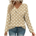 thumbnail image 4 of EchfiProm Womens V-Neck Tops Beige Relaxed Fit Casual Long Sleeve Polka Dot T-Shirt for Ladies, 4 of 7
