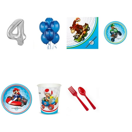 Super Mario Brothers Mario Kart Wii Party Supplies Party Pack For 32 With Silver #4 Balloon