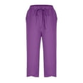 thumbnail image 4 of Ecqkame Womens Cotton Linen Cropped Pants Fashion Casual Elastic Waist Drawstring Pants Lightweight Solid Color Straight Leg Trousers with Pockets 03-Purple L, 4 of 6