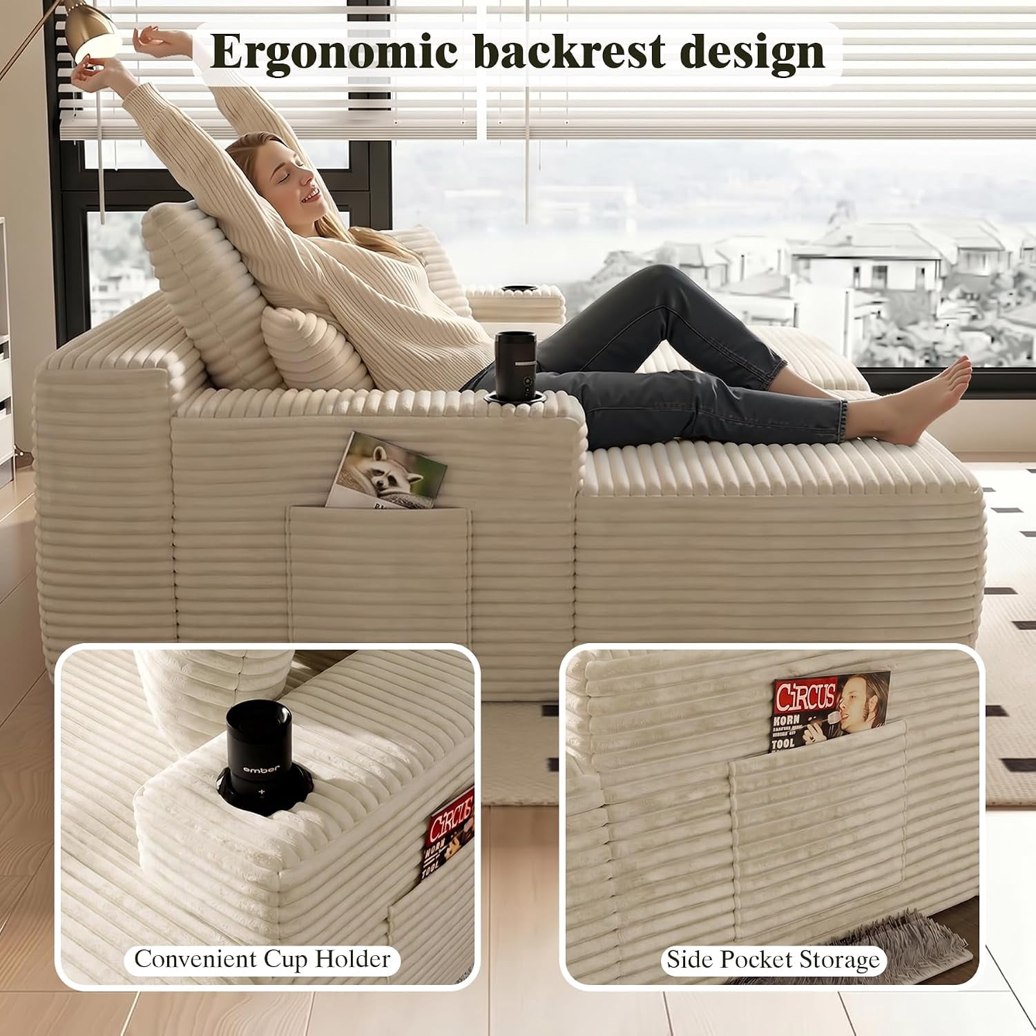 76 Inch Deep Seat 2-Seater Recliner Sofa Bed with Cup Holders, No Assembly Needed, Beige