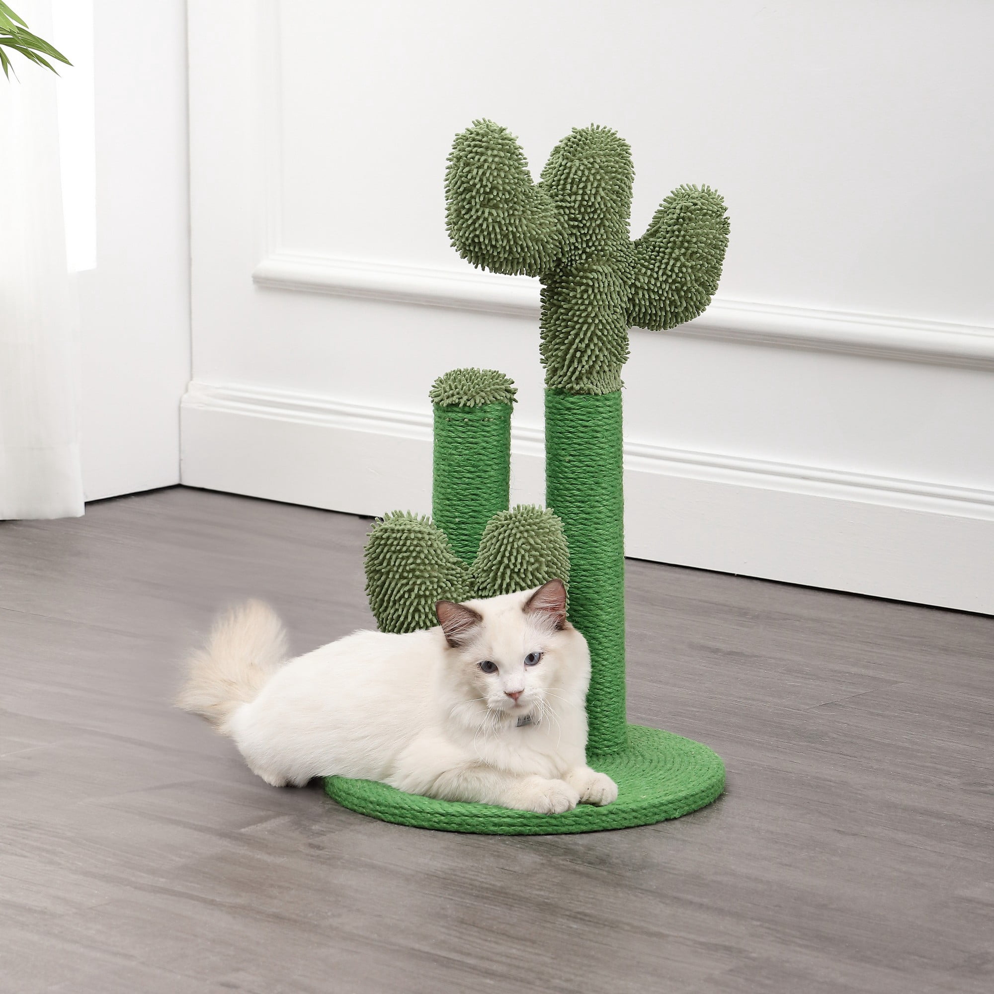 THE LICKER STORE Marfa 21.5" Modern Jute Triple-Cactus Cat Scratching Post with Fuzzy Toy, Green, CTR1008A