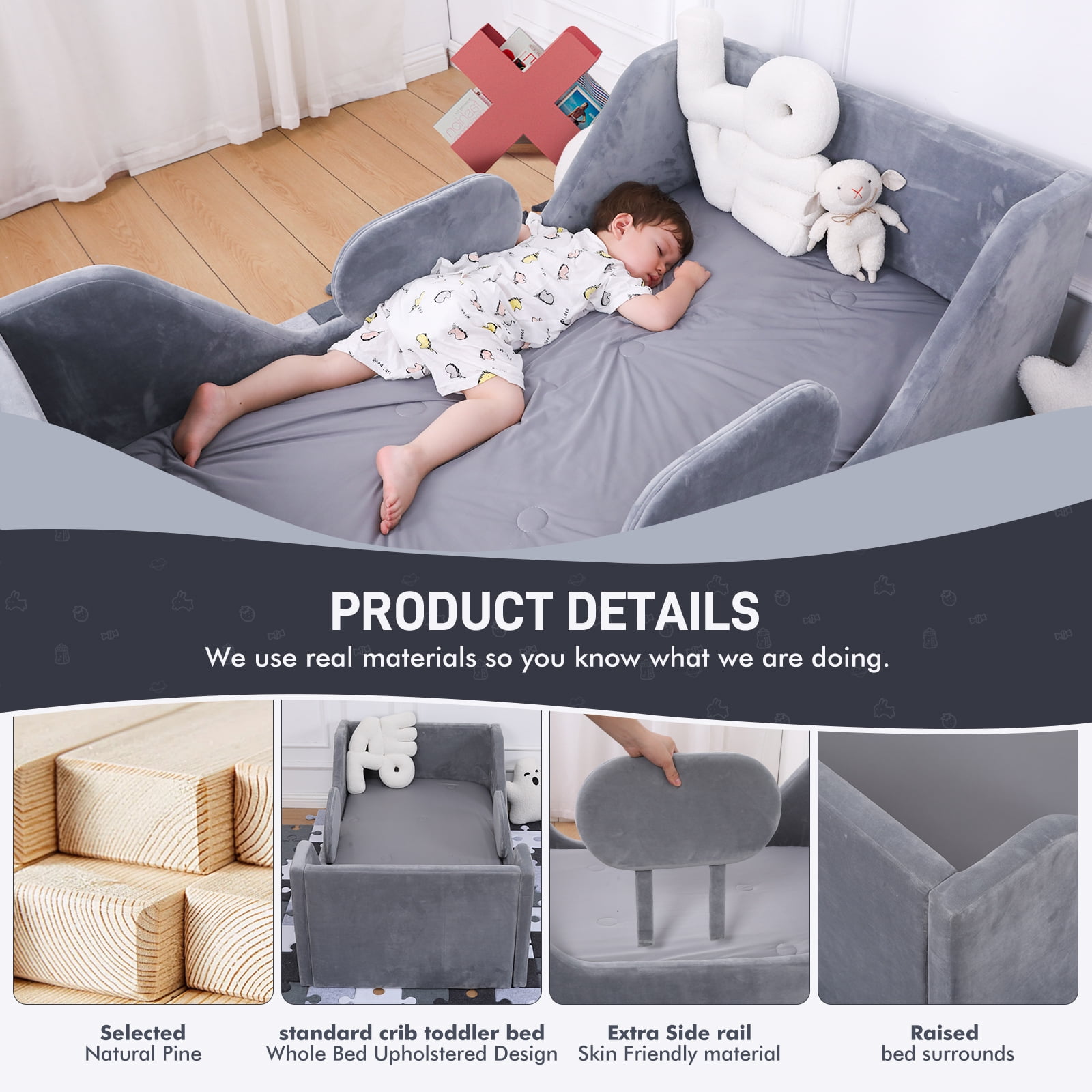 Toddler Bed, Child Bed for Kids with Extra Safty Broad, Standard Crib Size Toddler Bed, Certified Fabric Toddler Beds,Toddler Flood Bed