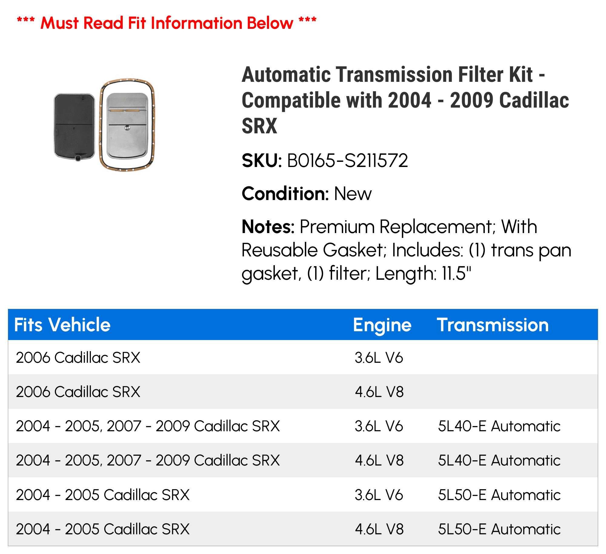 Automatic Transmission Filter Kit - Compatible with 2004 - 2009 Cadillac SRX 2005 2006 2007 2008