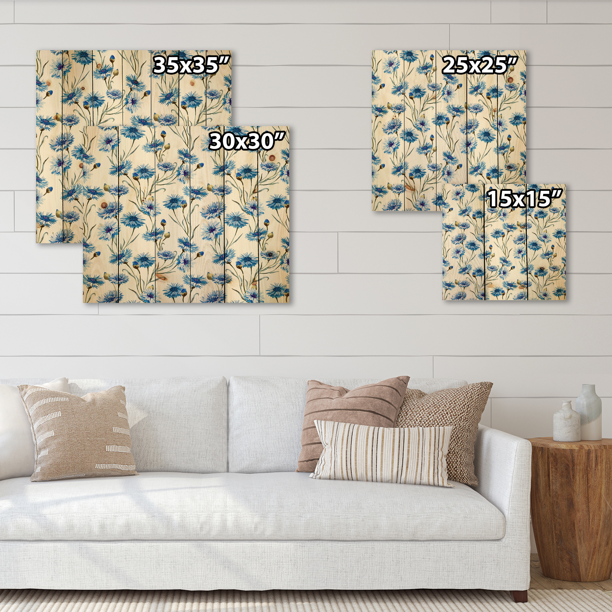 Designart 'Blue Cornflowers With Green Leaves On White II' Traditional Print on Natural Pine Wood