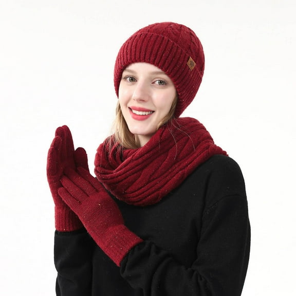 Hat Scarf and Gloves Three-Piece Set for Women Double-Layer Fleece-Lined Hat Cable Knit Scarf Wool Gloves Red