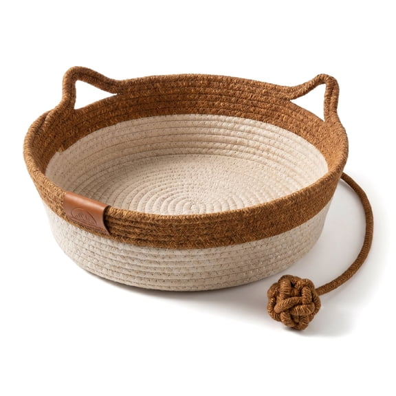 Handwoven Cotton Cat Basket 18.90×18.90×5.91 in – Round Pet Bed for Cats with Attached Toy Ball, Breathable Scratchable Weave (Brown)