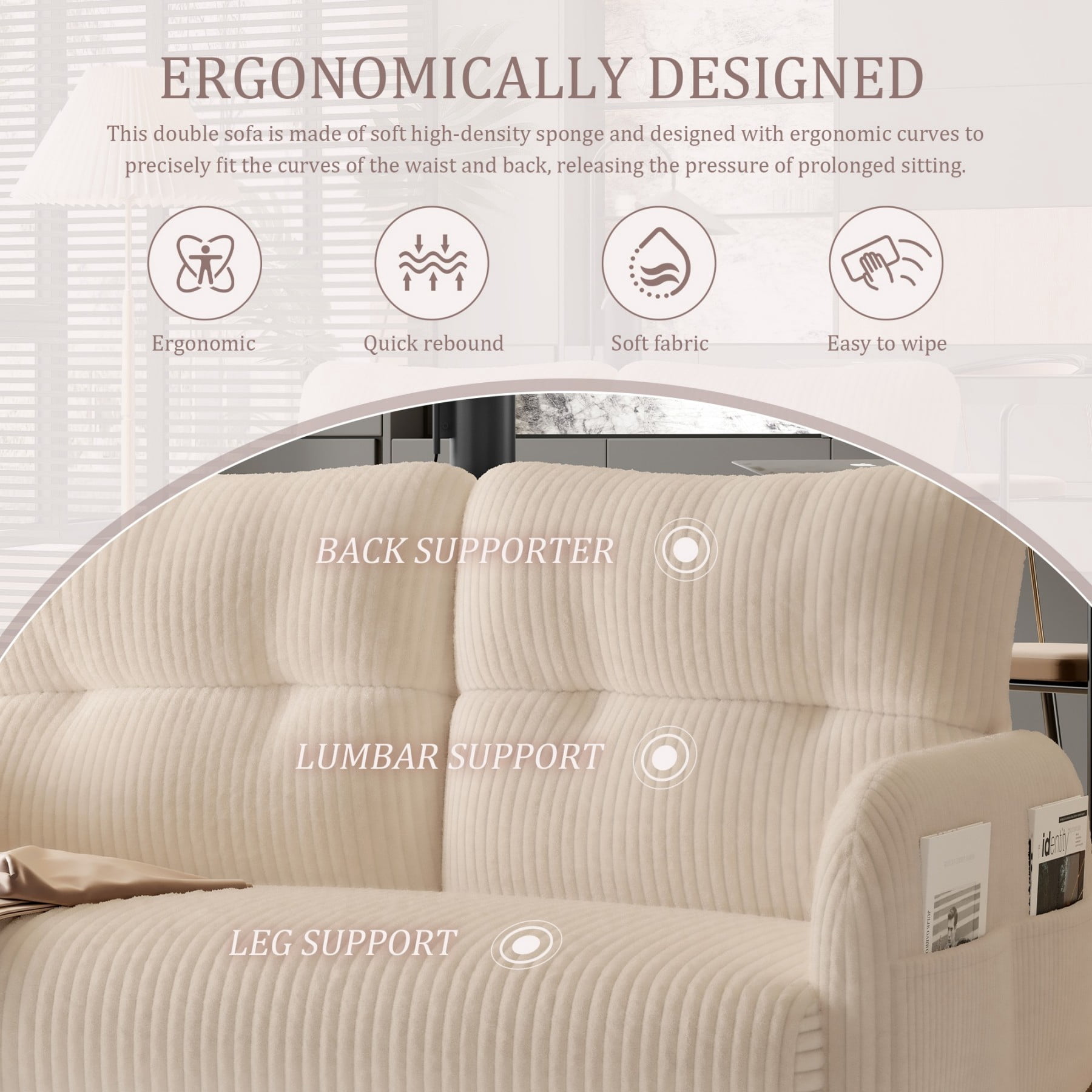 Corduroy Loveseat Sofa, Modern Upholstered Double Sofa Couch with Side Pockets for Living Room Bedroom Apartment, Beige
